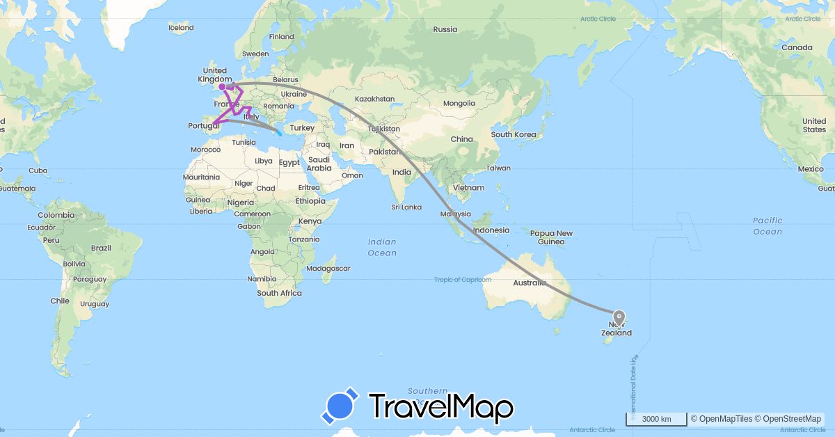 TravelMap itinerary: driving, plane, train, boat in Belgium, Germany, Spain, France, United Kingdom, Greece, Italy, Netherlands, New Zealand, Singapore (Asia, Europe, Oceania)